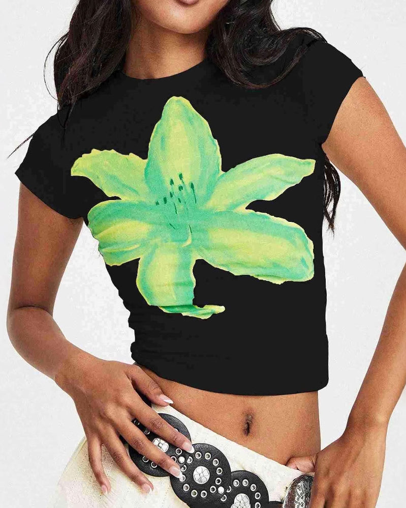 Floral Print Slim Crew Neck T-Shirt