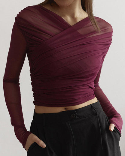 Solid Color Mesh Sexy Pleated Long Sleeve T-Shirt