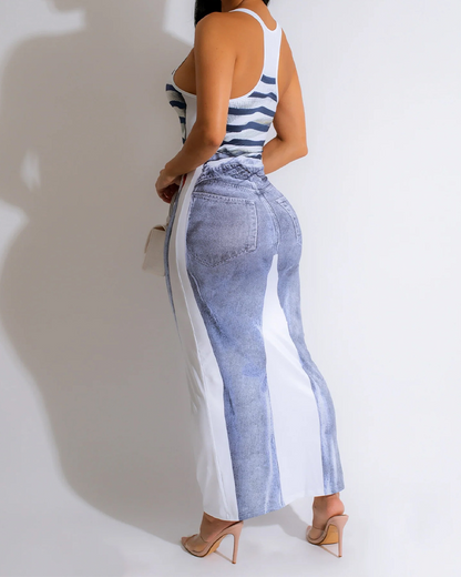 Denim Print U-Neck Dress