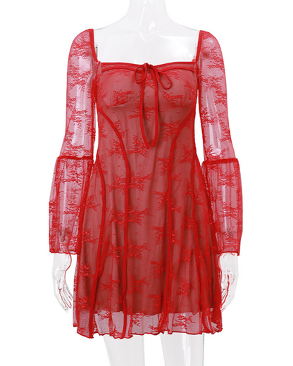 Lace-Up Lace Long-Sleeved Dress