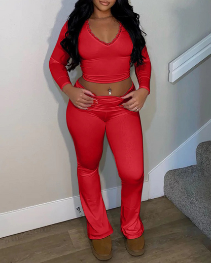 Lace V-Neck Top High-Waisted Trousers Set