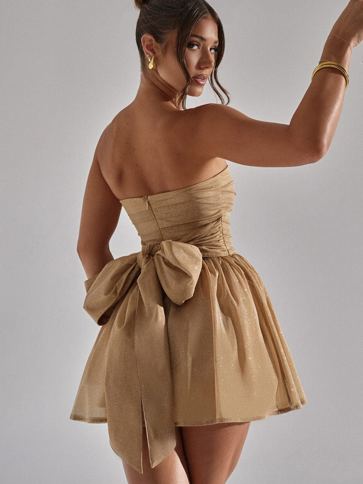 Bow Sequins Mesh Off-shoulder Mini Dresses
