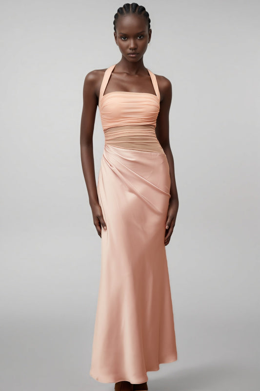 Devin Pink Mesh Panel Ruched Maxi Dress