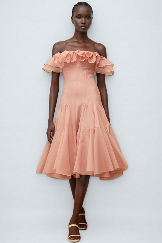 Eosf Pink Mesh Ruffle Midi Dress