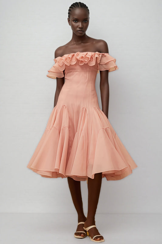 Eosf Pink Mesh Ruffle Midi Dress