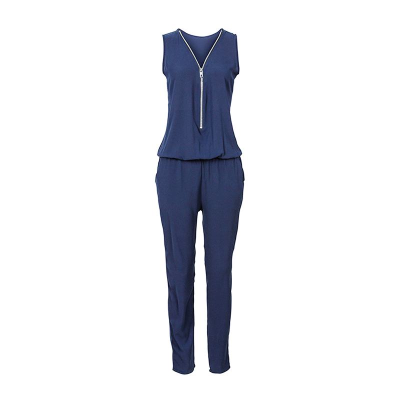 Women Solid Color Sleeveless V Neck Lace-up Waistline Casual Jumpsuits With Zipper