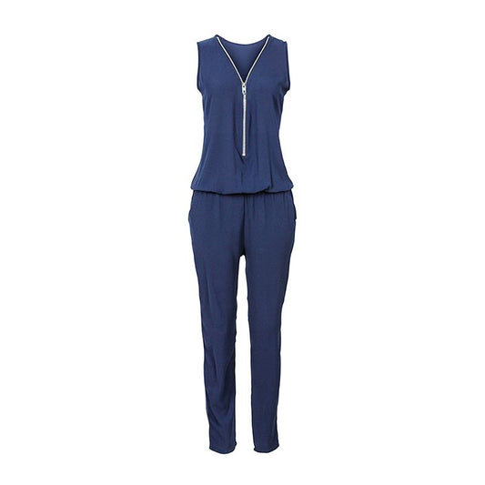 Women Solid Color Sleeveless V Neck Lace-up Waistline Casual Jumpsuits With Zipper