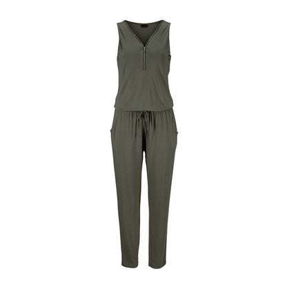 Women Solid Color Sleeveless V Neck Lace-up Waistline Casual Jumpsuits With Zipper