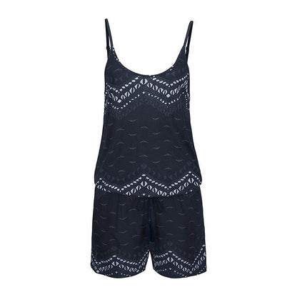 Women Bohemian Style Classic Zig Zag Print Elastic Wasit Casual Beach Rompers