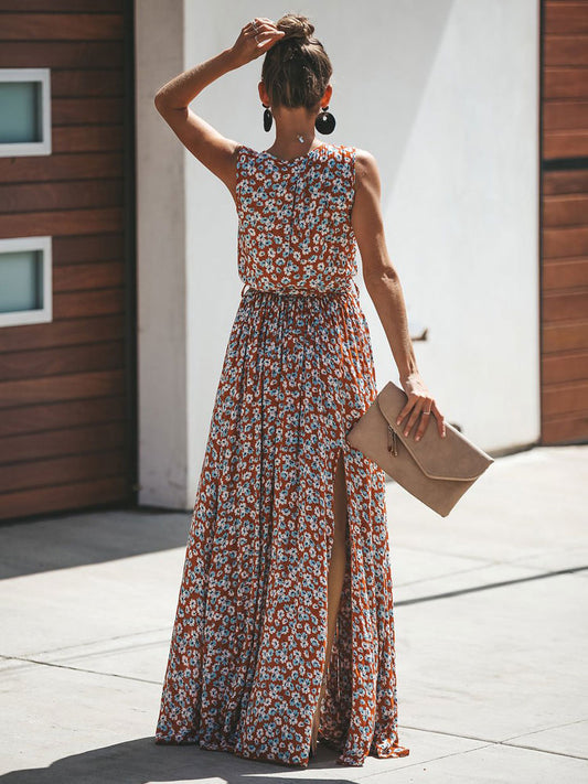 Ditsy Floral Maxi Dress for Women - Brick Red Sleeveless Side Slit V Neck Sundress - Summer Beach Resort Wear 2026