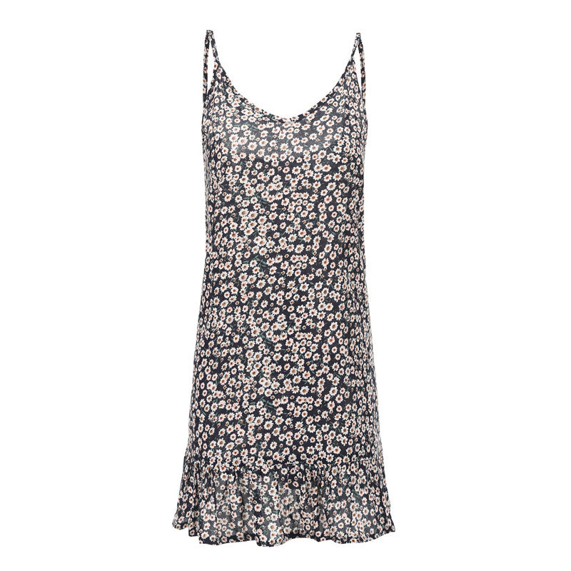 Casual Loose Pattern Tiny Flower Print Sexy Slip Dress