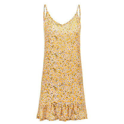 Casual Loose Pattern Tiny Flower Print Sexy Slip Dress
