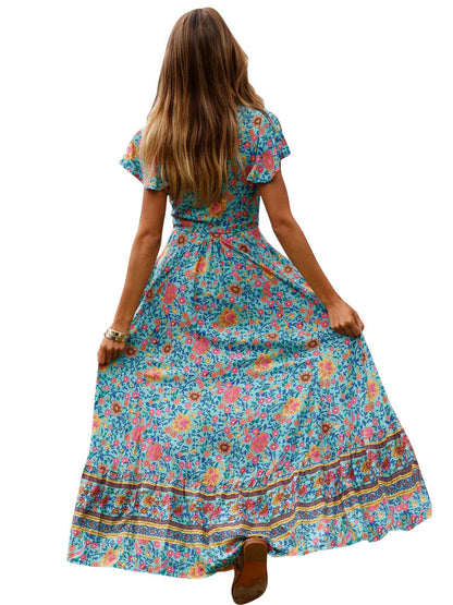 Boho Floral Wrap Maxi Dress - Blue V Neck High Split Long Dress - Summer Beach Vacation 2026