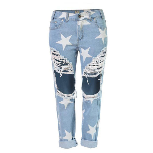 Vaqueros rotos casuales con estampado de estrellas y patrón vintage para mujer