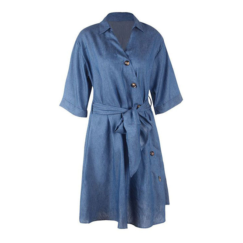 Women Casual Sash Half-sleeve Shirt Collar Side-slit Denim Dress