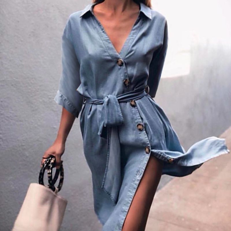 Women Casual Sash Half-sleeve Shirt Collar Side-slit Denim Dress