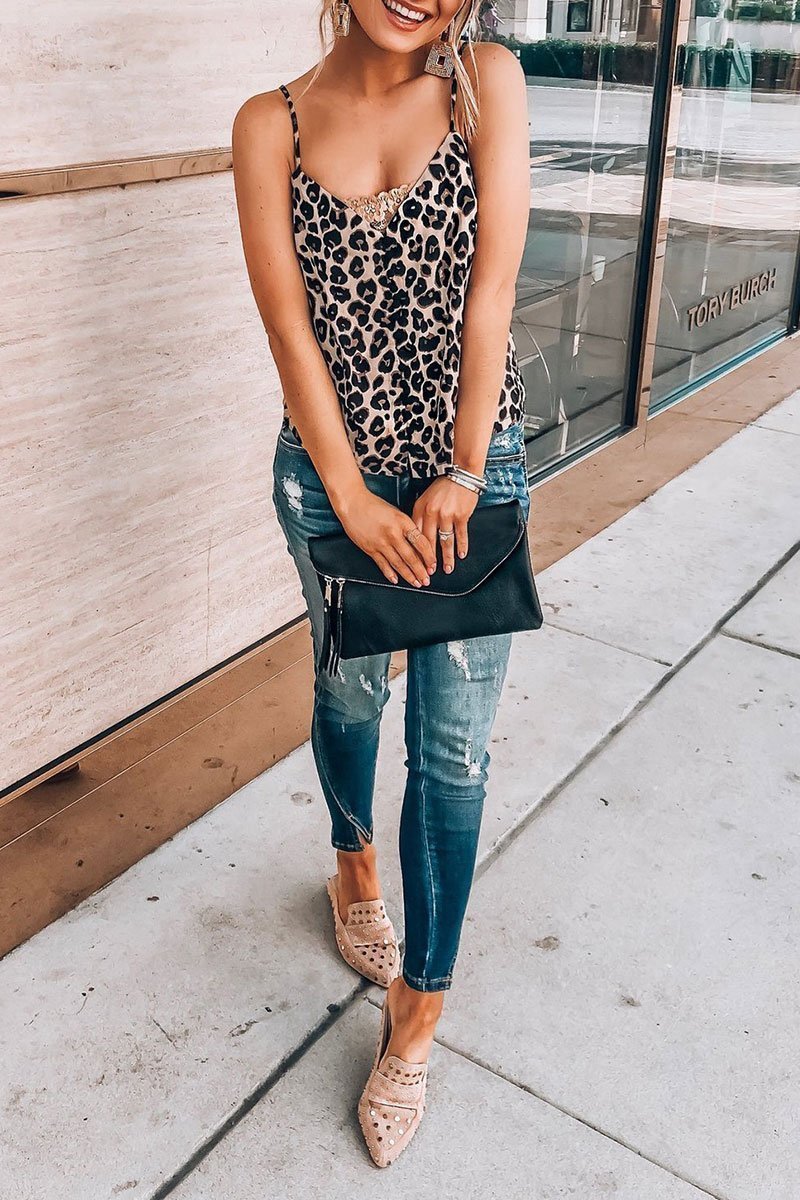 V Neck Leopard Printed Brown Tank Top