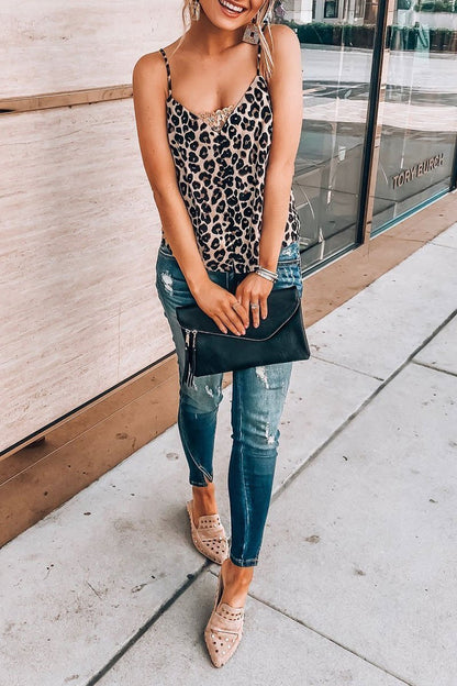 V Neck Leopard Printed Brown Tank Top