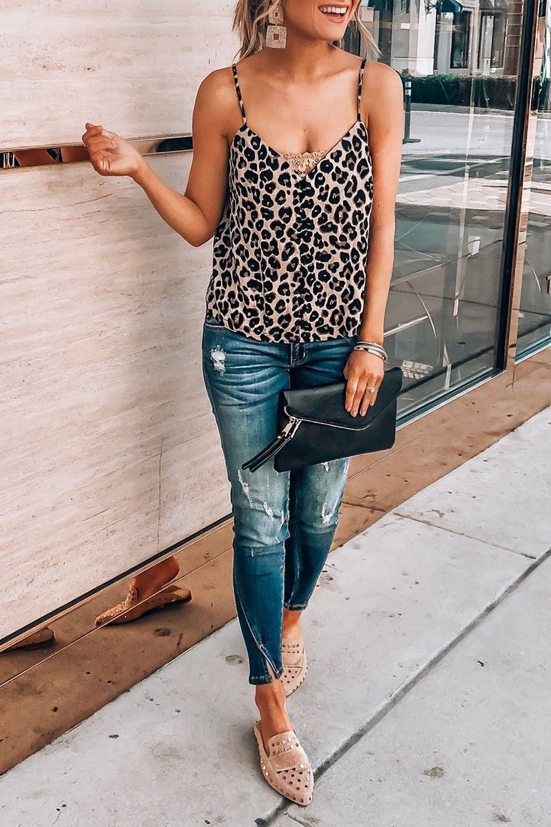 V Neck Leopard Printed Brown Tank Top