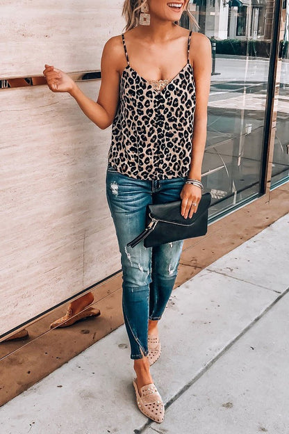V Neck Leopard Printed Brown Tank Top