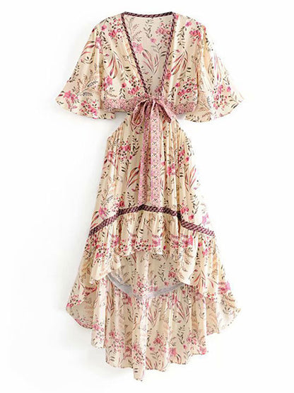 Floral High Low Boho Dress for Women - Cream Pink Cut Out Tie Front Flutter Sleeve Long Dress - Summer Beach Holiday 2026