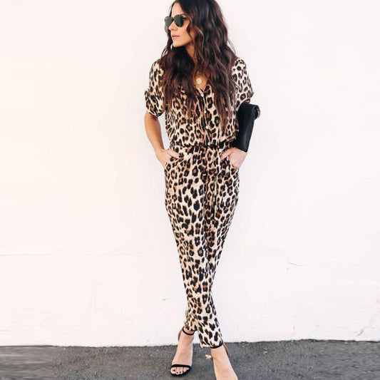 Mono informal holgado de manga corta con estampado de leopardo para mujer