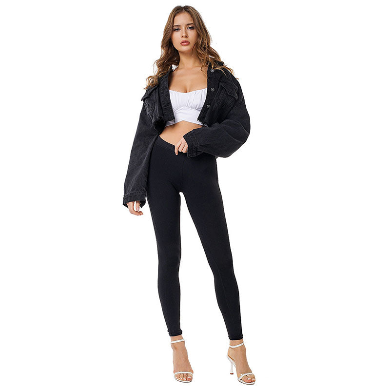 Chaqueta vaquera corta informal de gran tamaño negra para mujer