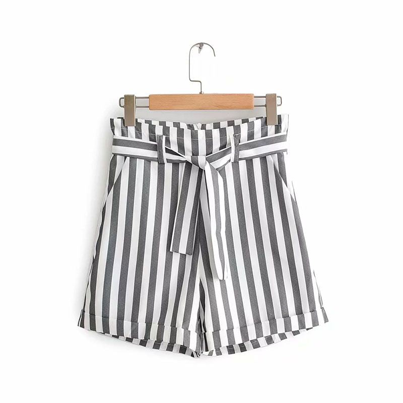 Women Casual High-waisted Lace-up Stripes Print Loose Shorts