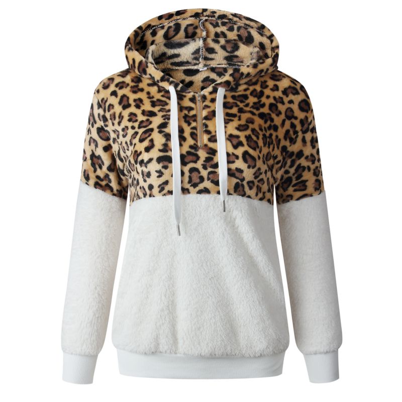 Sudadera con capucha de peluche y estampado de leopardo para mujer, informal, de invierno