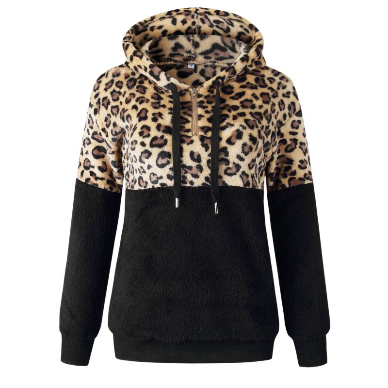 Sudadera con capucha de peluche y estampado de leopardo para mujer, informal, de invierno