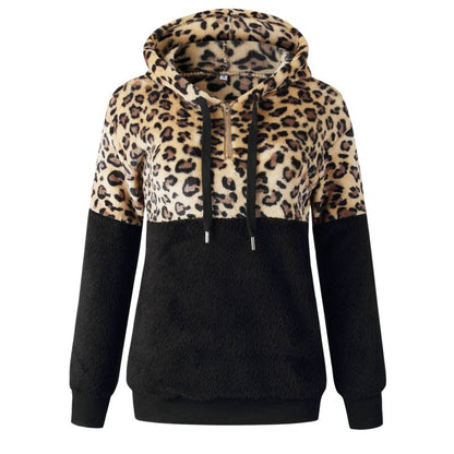 Sudadera con capucha de peluche y estampado de leopardo para mujer, informal, de invierno