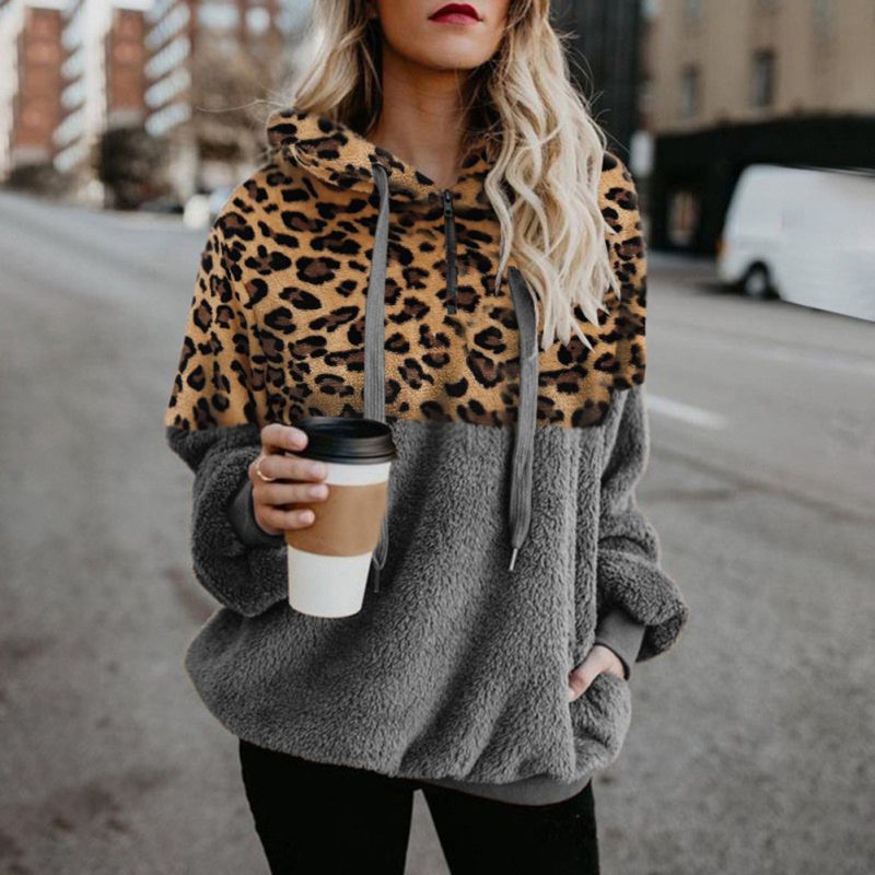 Sudadera con capucha de peluche y estampado de leopardo para mujer, informal, de invierno