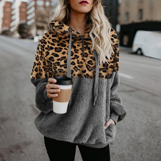 Sudadera con capucha de peluche y estampado de leopardo para mujer, informal, de invierno