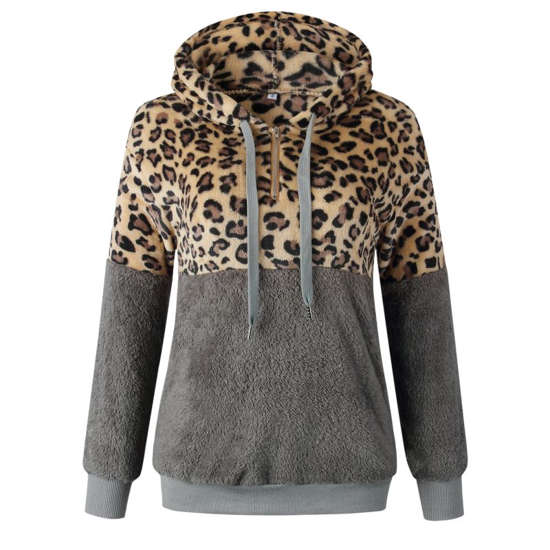 Sudadera con capucha de peluche y estampado de leopardo para mujer, informal, de invierno