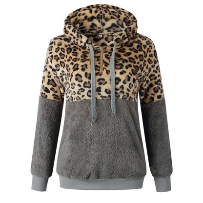 Sudadera con capucha de peluche y estampado de leopardo para mujer, informal, de invierno
