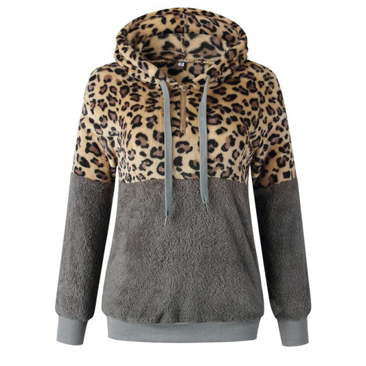 Sudadera con capucha de peluche y estampado de leopardo para mujer, informal, de invierno