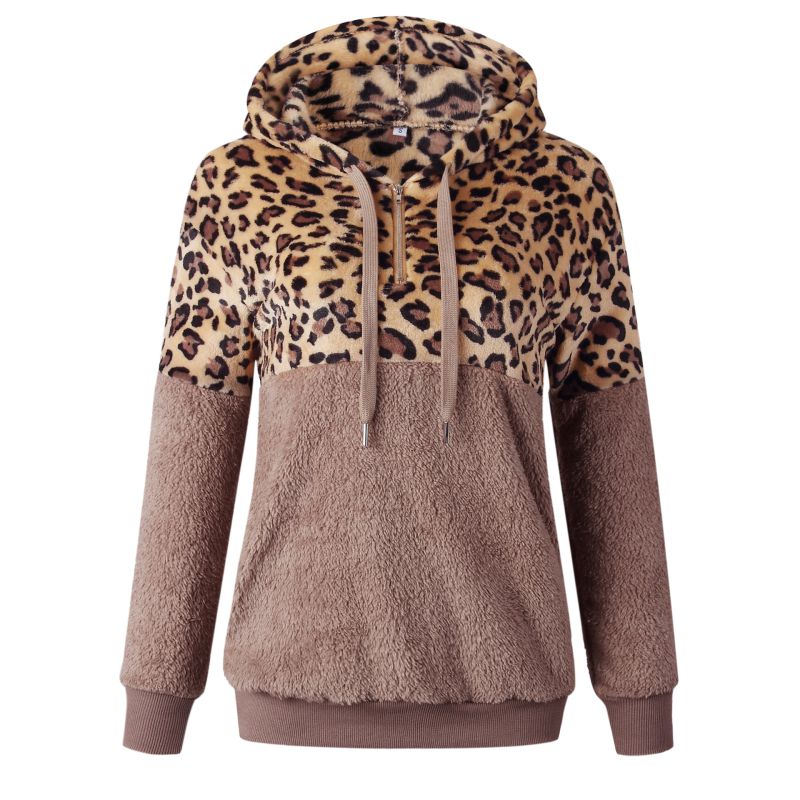 Sudadera con capucha de peluche y estampado de leopardo para mujer, informal, de invierno