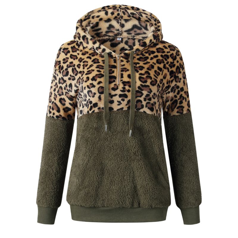 Sudadera con capucha de peluche y estampado de leopardo para mujer, informal, de invierno