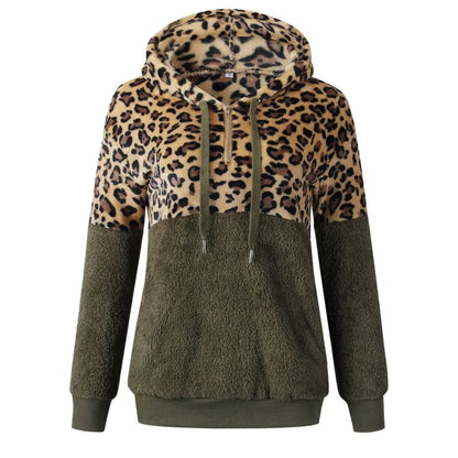 Sudadera con capucha de peluche y estampado de leopardo para mujer, informal, de invierno