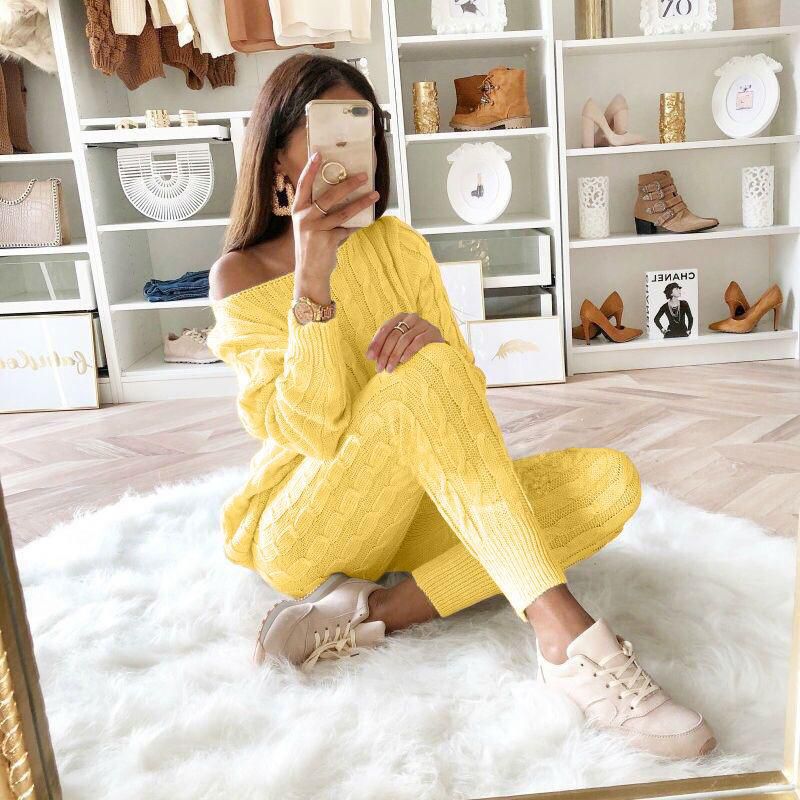 Autumn Winter Women Fashion Solid Color Off-shoulder Knitted 2Pcs/Set Sweater Casual Suit