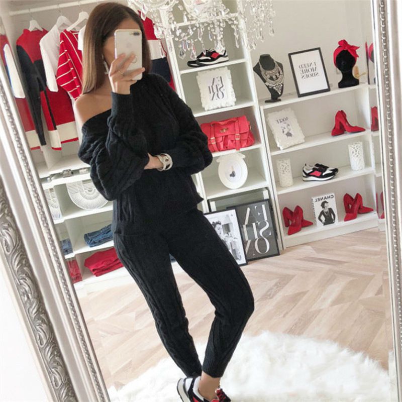 Autumn Winter Women Fashion Solid Color Off-shoulder Knitted 2Pcs/Set Sweater Casual Suit