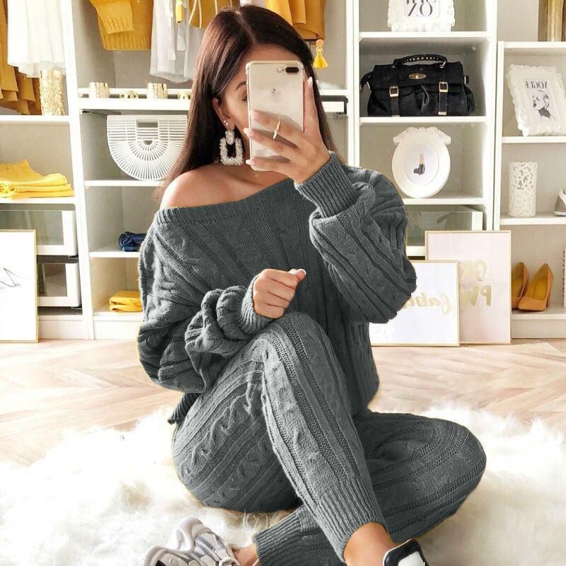 Autumn Winter Women Fashion Solid Color Off-shoulder Knitted 2Pcs/Set Sweater Casual Suit