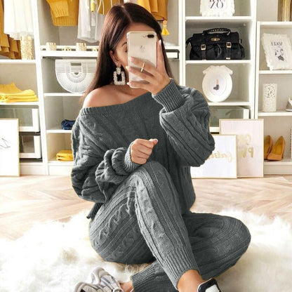 Autumn Winter Women Fashion Solid Color Off-shoulder Knitted 2Pcs/Set Sweater Casual Suit