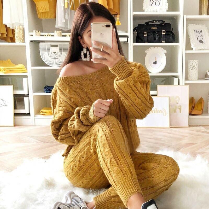 Autumn Winter Women Fashion Solid Color Off-shoulder Knitted 2Pcs/Set Sweater Casual Suit
