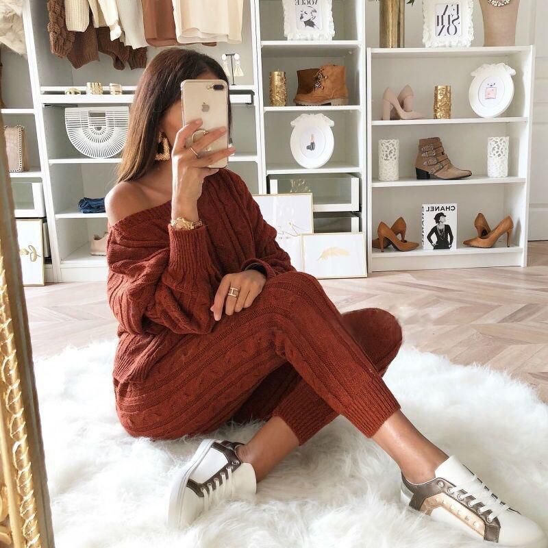 Autumn Winter Women Fashion Solid Color Off-shoulder Knitted 2Pcs/Set Sweater Casual Suit