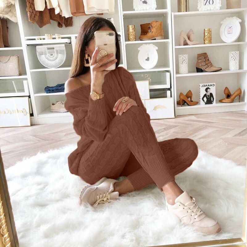 Autumn Winter Women Fashion Solid Color Off-shoulder Knitted 2Pcs/Set Sweater Casual Suit