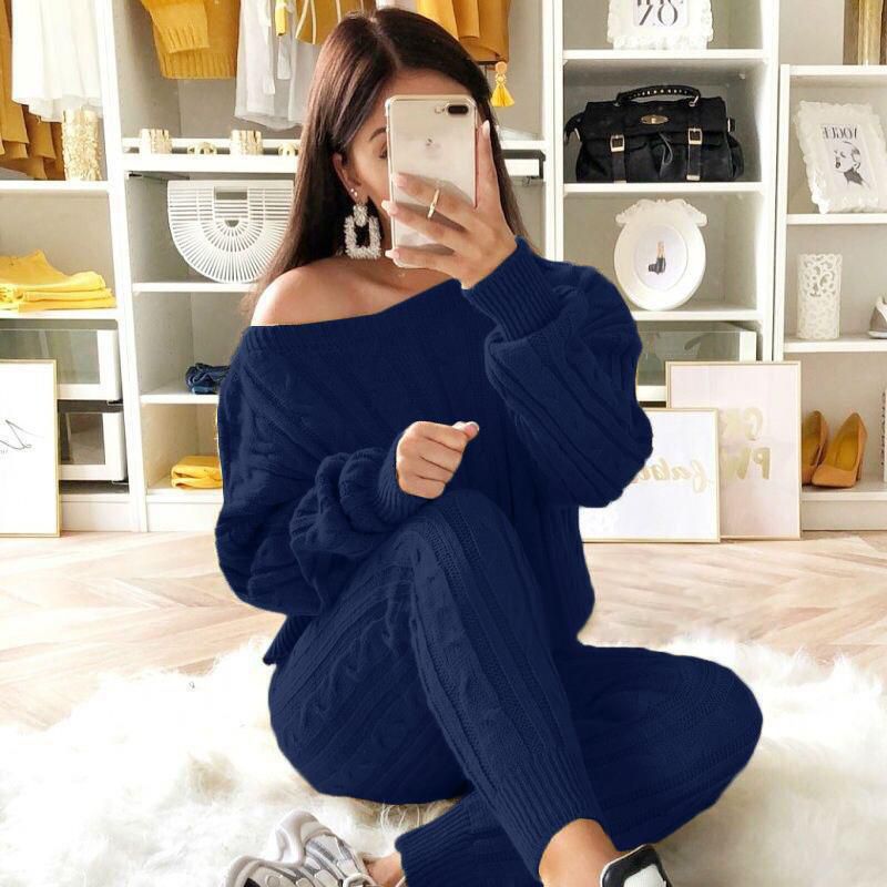 Autumn Winter Women Fashion Solid Color Off-shoulder Knitted 2Pcs/Set Sweater Casual Suit