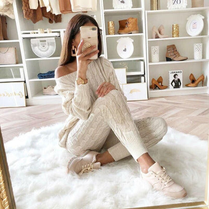Autumn Winter Women Fashion Solid Color Off-shoulder Knitted 2Pcs/Set Sweater Casual Suit