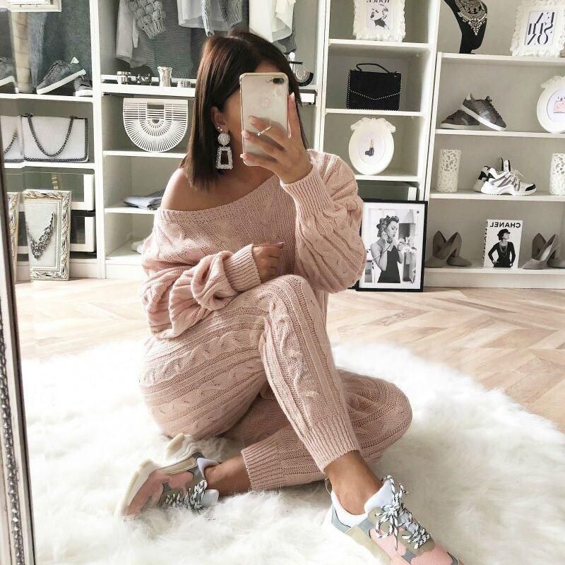 Autumn Winter Women Fashion Solid Color Off-shoulder Knitted 2Pcs/Set Sweater Casual Suit