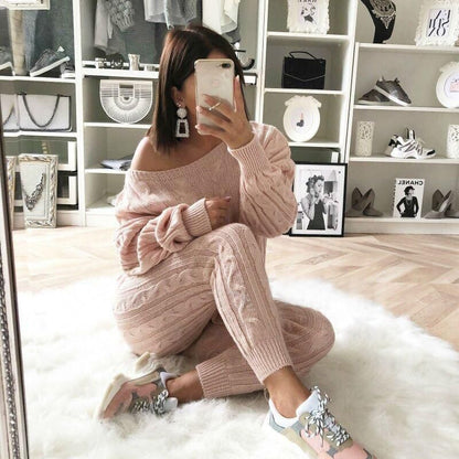 Autumn Winter Women Fashion Solid Color Off-shoulder Knitted 2Pcs/Set Sweater Casual Suit